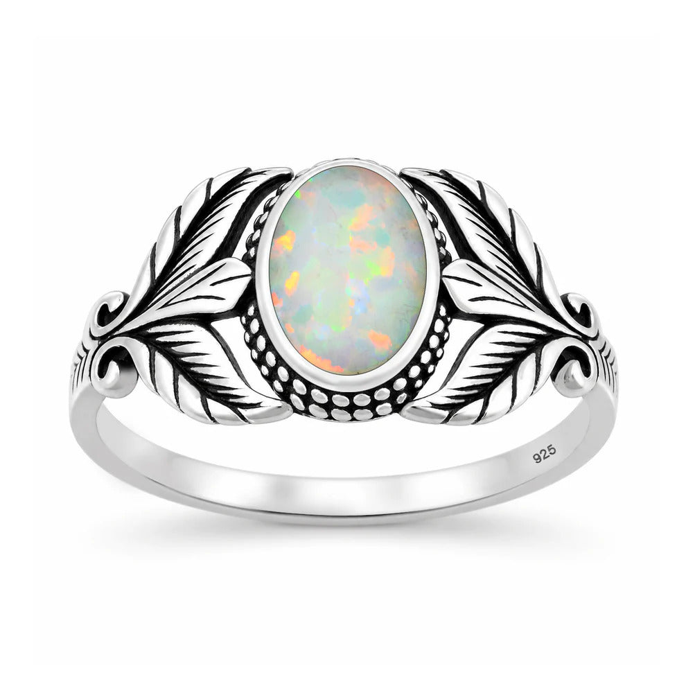 Sterling Silver Oxidized And Polished Leaf White Lab Opal Ring