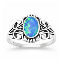Load image into Gallery viewer, Sterling Silver Oxidized And Polished Scroll Blue Lab Opal Ring