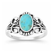 Load image into Gallery viewer, Sterling Silver Oxidized And Polished Scroll Turquoise Stone Ring
