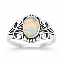Load image into Gallery viewer, Sterling Silver Oxidized And Polished Scroll White Lab Opal Ring