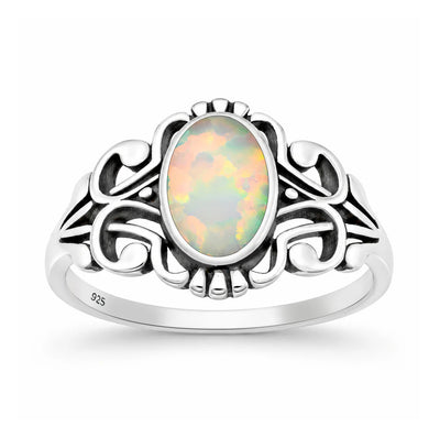 Sterling Silver Oxidized And Polished Scroll White Lab Opal Ring