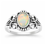 Sterling Silver Oxidized And Polished Scroll White Lab Opal Ring