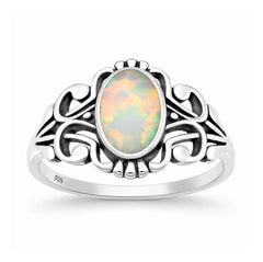 Sterling Silver Oxidized And Polished Scroll White Lab Opal Ring