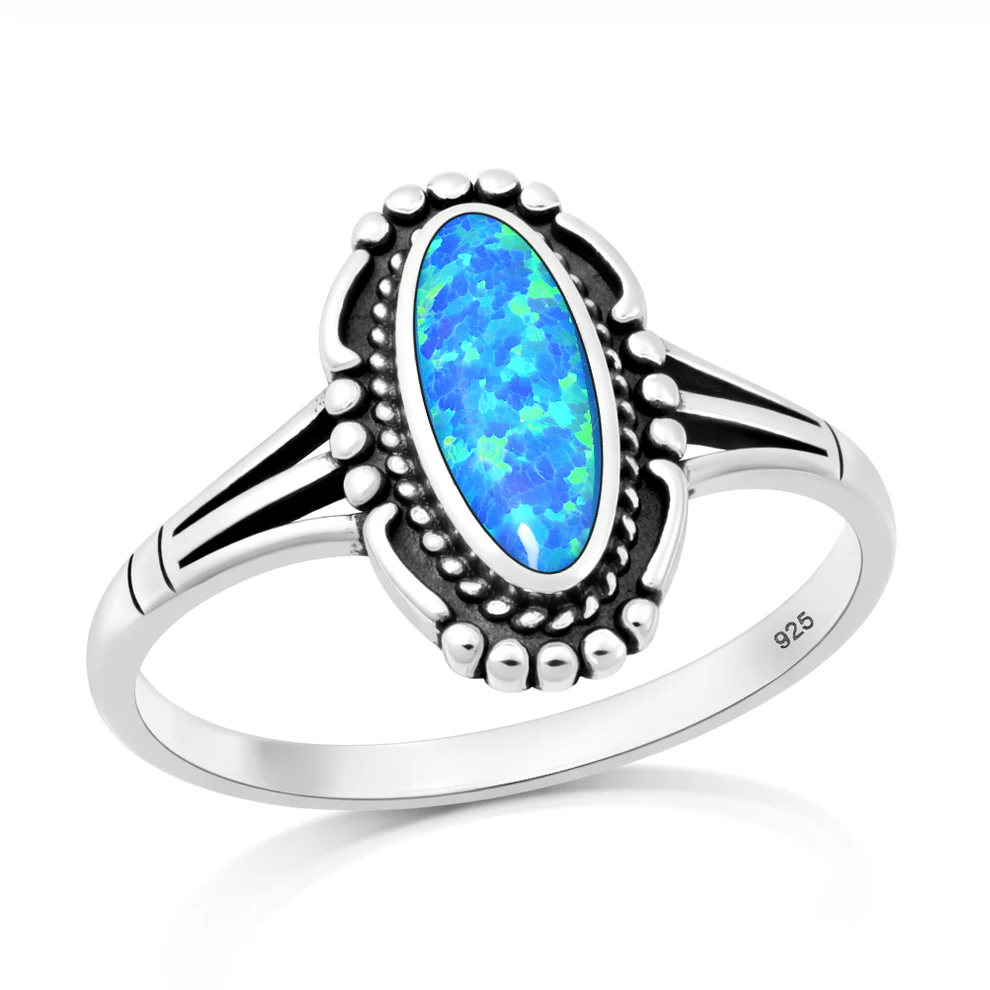 Sterling Silver Oxidized And Polished Vintage Boho Blue Lab Opal Ring