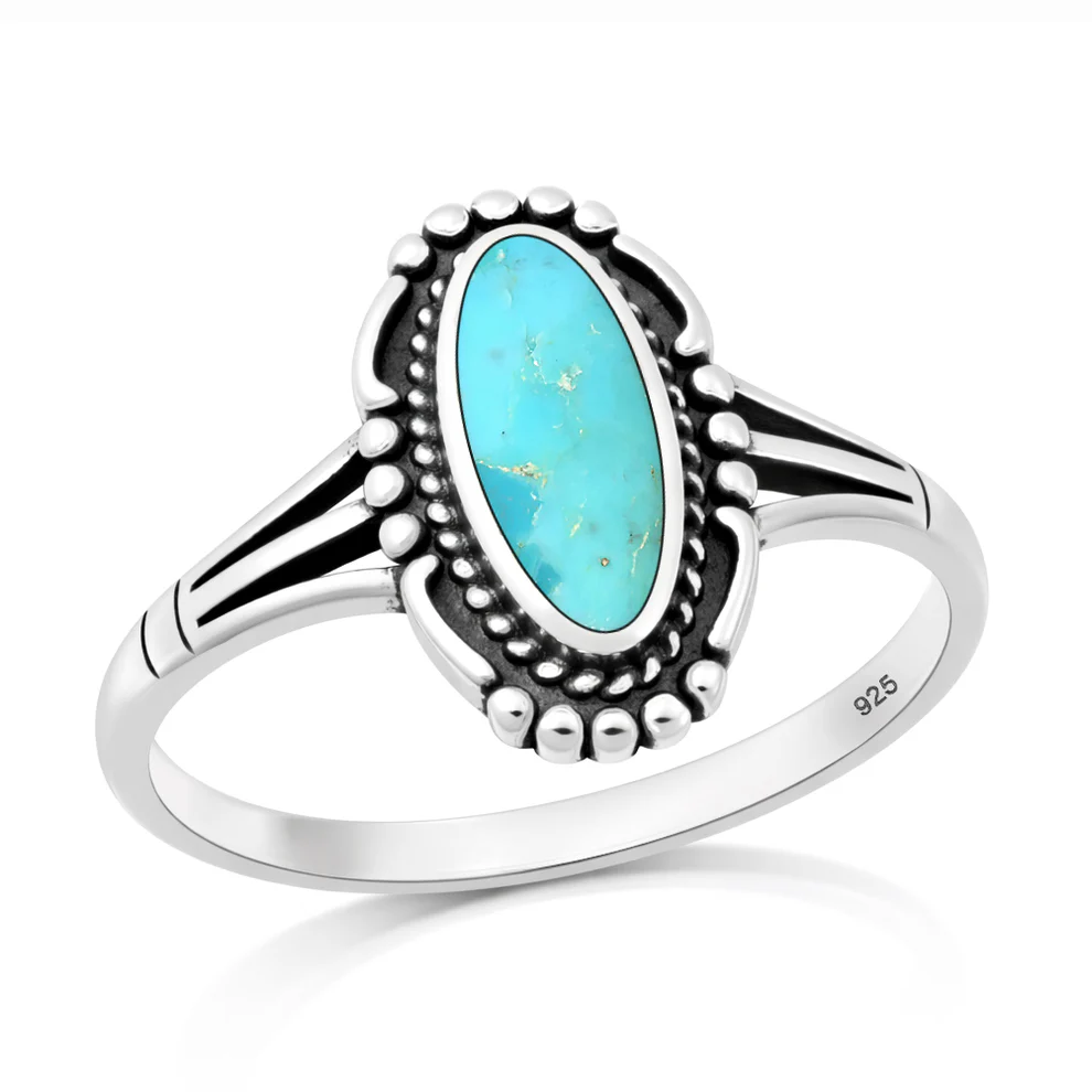 Sterling Silver Oxidized And Polished Vintage Boho Turquoise Stone Ring
