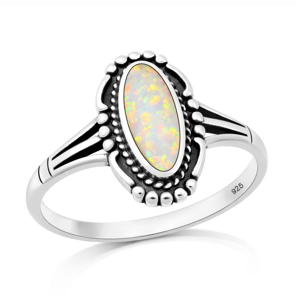 Sterling Silver Oxidized And Polished Vintage Boho White Lab Opal Ring