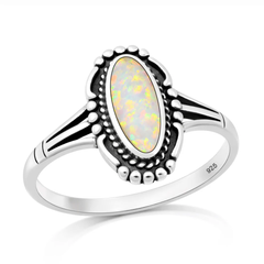 Sterling Silver Oxidized And Polished Vintage Boho White Lab Opal Ring