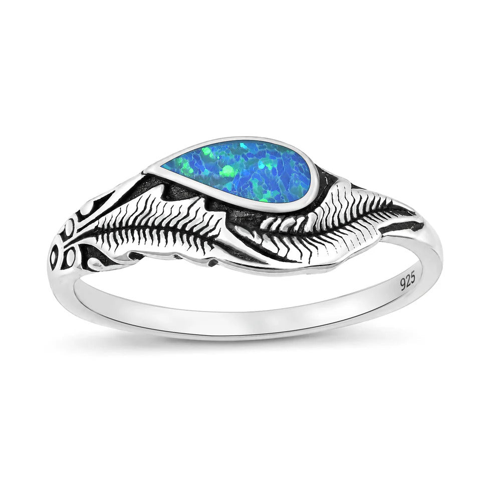 Sterling Silver Oxidized And Polished Feathers Blue Lab Opal Ring