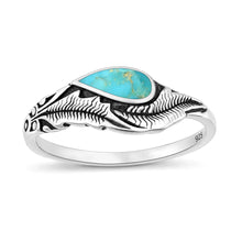 Load image into Gallery viewer, Sterling Silver Oxidized And Polished Feathers Turquoise Stone Ring