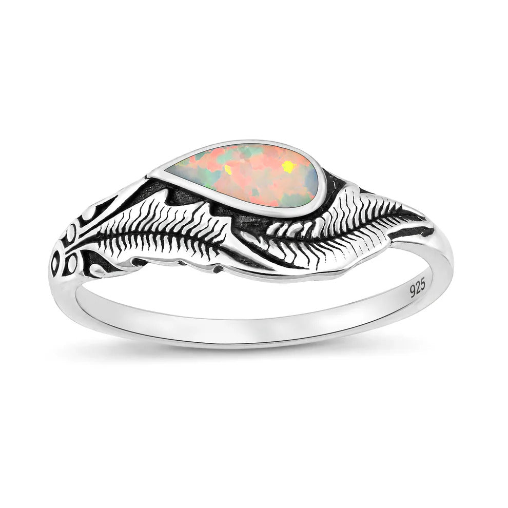 Sterling Silver Oxidized And Polished Feathers White Lab Opal Ring