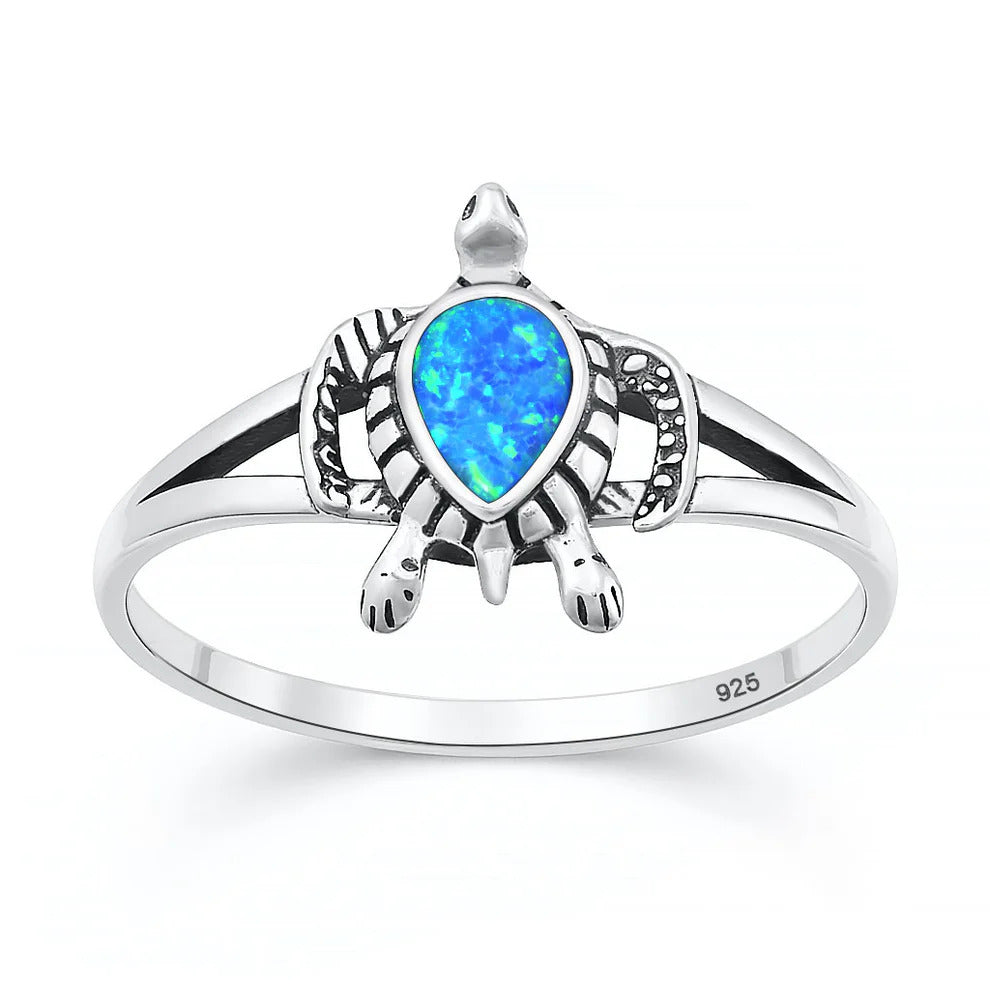 Sterling Silver Oxidized And Polished 13mm Turtle Blue Lab Opal Ring