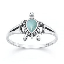Load image into Gallery viewer, Sterling Silver Oxidized And Polished 13mm Larimar Stone Turtle Ring