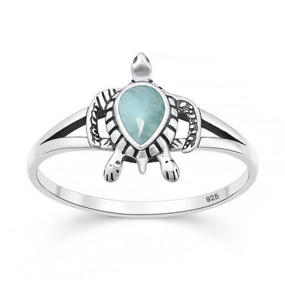 Sterling Silver Oxidized And Polished 13mm Larimar Stone Turtle Ring