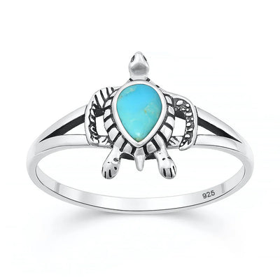 Sterling Silver Oxidized And Polished 13mm Turtle Turquoise Stone Ring