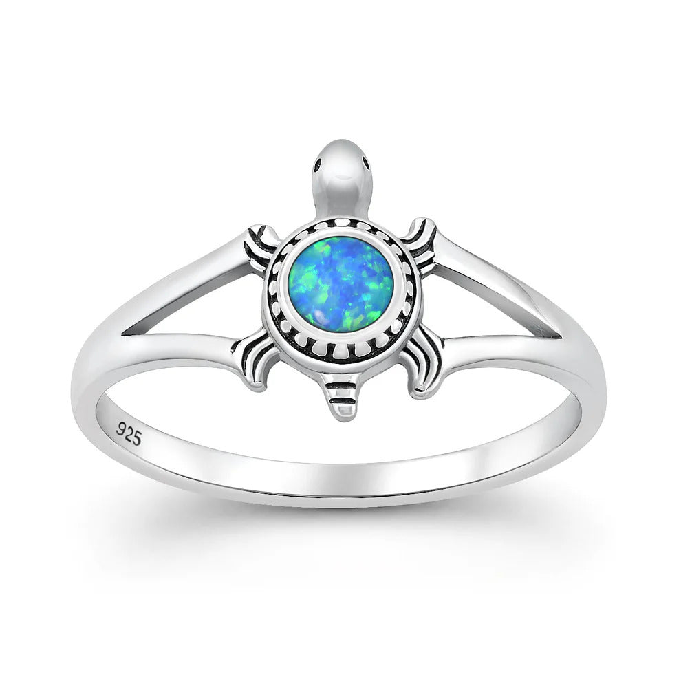 Sterling Silver Oxidized And Polished Turtle Blue Lab Opal Ring