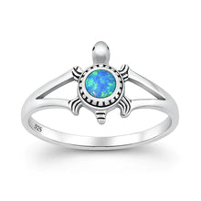 Load image into Gallery viewer, Sterling Silver Oxidized And Polished Turtle Blue Lab Opal Ring