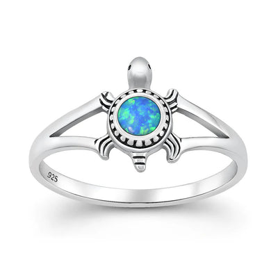 Sterling Silver Oxidized And Polished Turtle Blue Lab Opal Ring