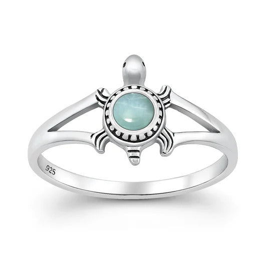 Sterling Silver Oxidized And Polished Turtle Larimar Stone Ring