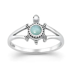 Sterling Silver Oxidized And Polished Turtle Larimar Stone Ring