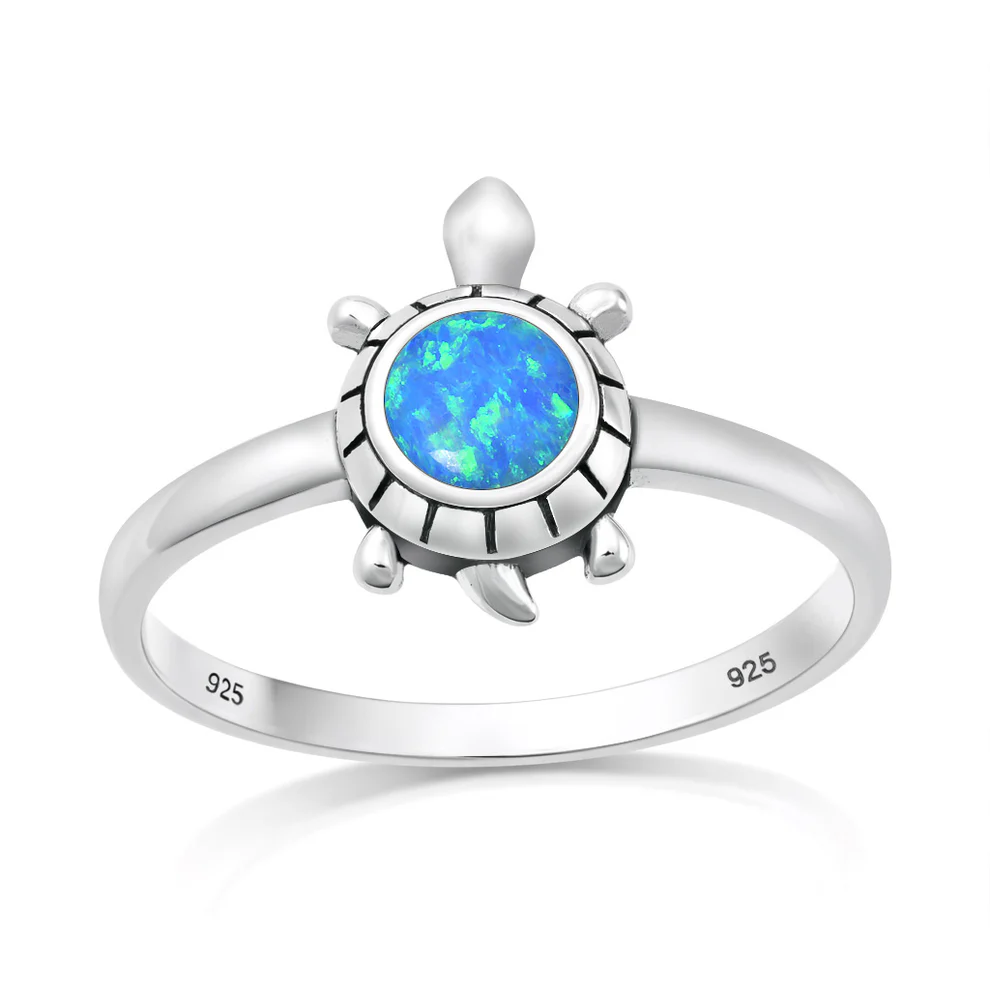 Sterling Silver Oxidized And Polished 13mm Blue Lab Opal Turtle Ring