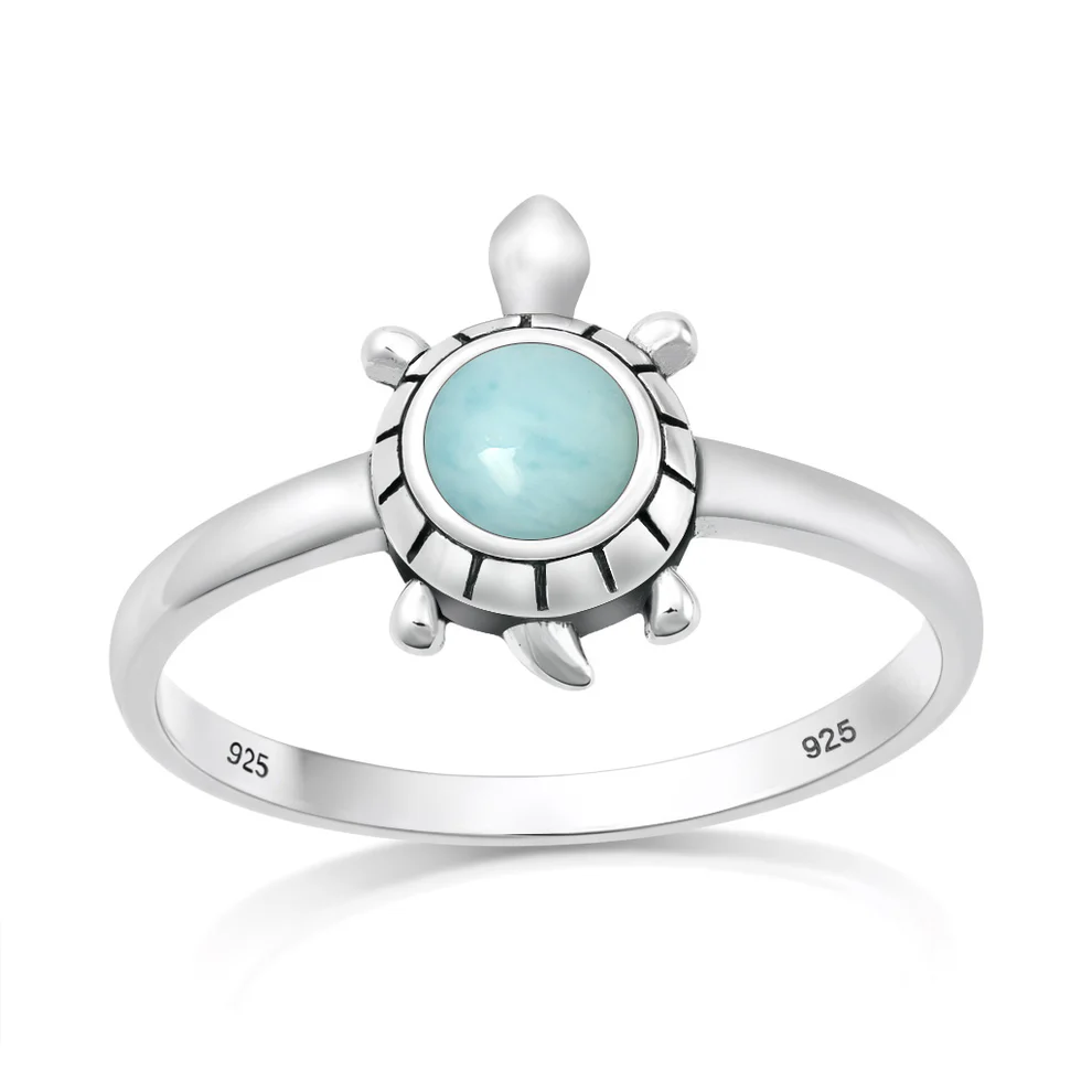 Sterling Silver Oxidized And Polished Turtle Larimar Stone Ring