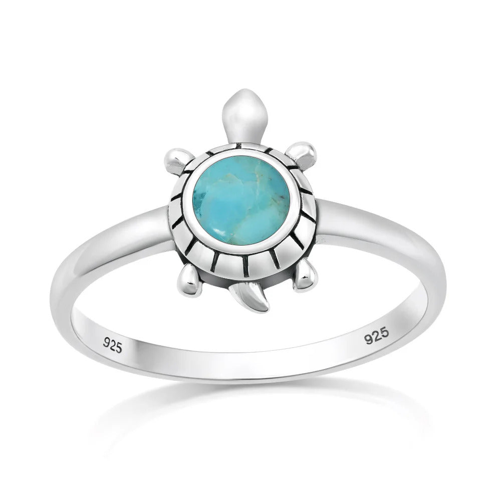 Sterling Silver Oxidized And Polished 13mm Turquoise Stone Turtle Ring