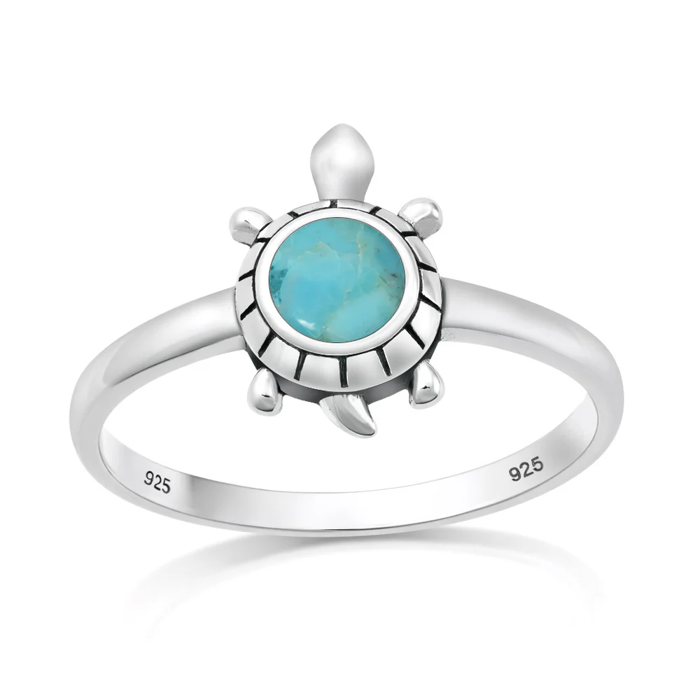 Sterling Silver Oxidized And Polished Turtle Turquoise Stone Ring