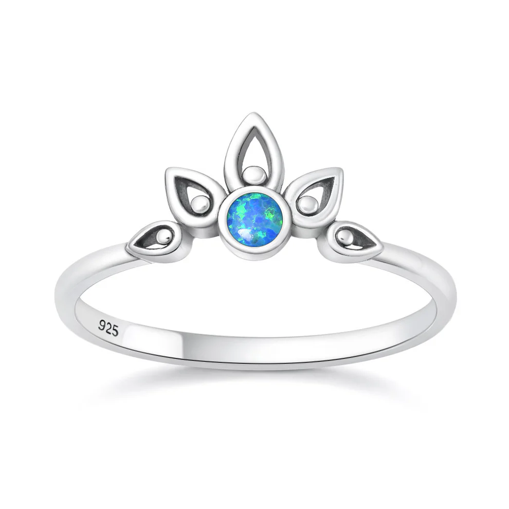 Sterling Silver Oxidized And Polished Lotus Crown Blue Lab Opal Ring
