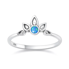 Load image into Gallery viewer, Sterling Silver Oxidized And Polished Lotus Crown Blue Lab Opal Ring