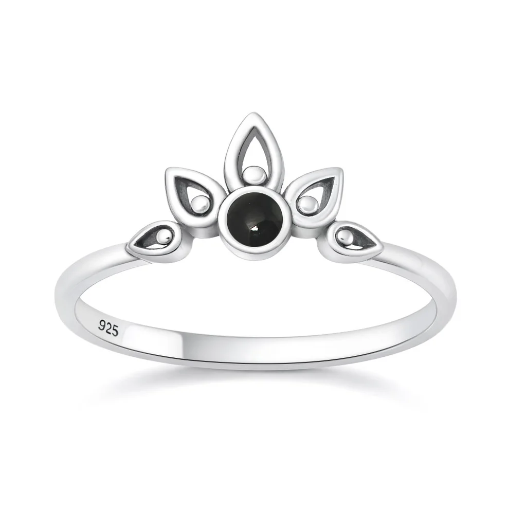Sterling Silver Oxidized And Polished Lotus Crown Black Agate Stone Ring