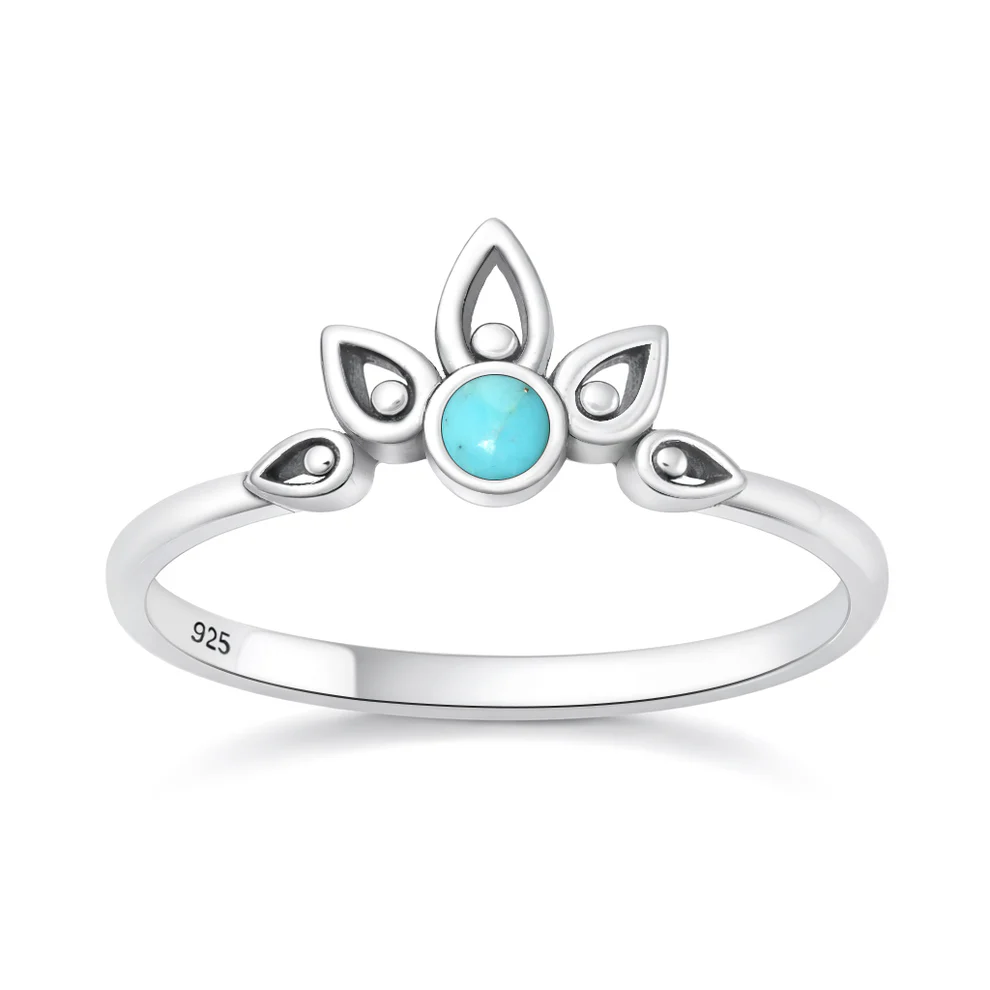 Sterling Silver Oxidized And Polished Crown Turquoise Stone Ring