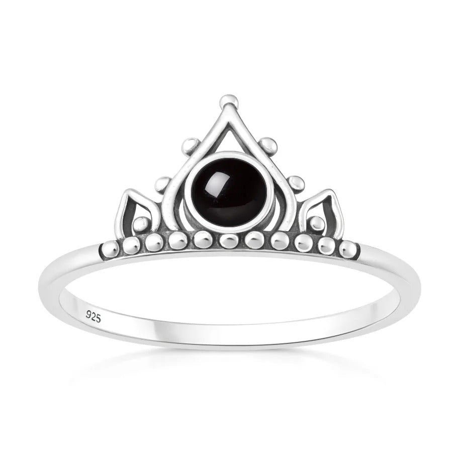 Sterling Silver Oxidized And Polished Boho Crown Black Agate Stone Ring
