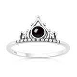 Sterling Silver Oxidized And Polished Boho Crown Black Agate Stone Ring