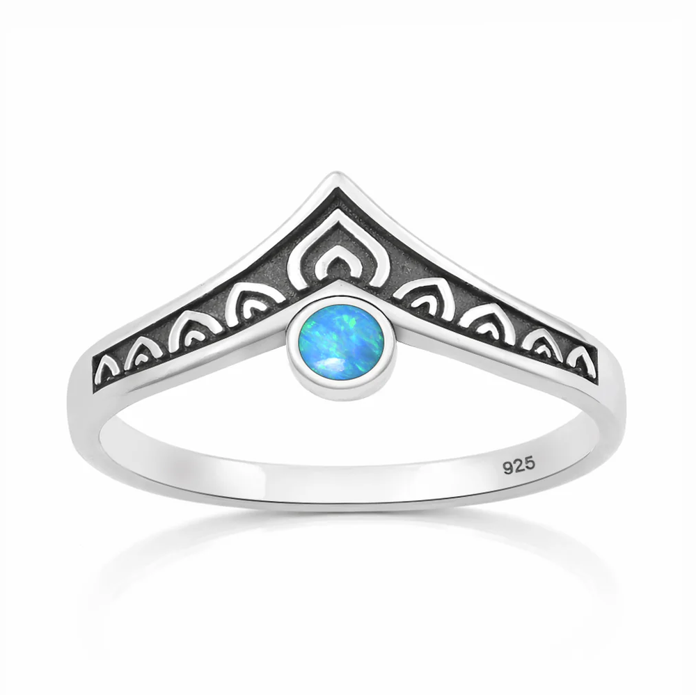 Sterling Silver Oxidized And Polished V Shaped Blue Lab Opal Ring