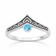 Sterling Silver Oxidized And Polished V Shaped Blue Lab Opal Ring