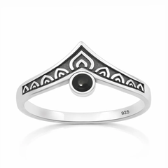 Sterling Silver Oxidized And Polished V Shaped Black Agate Stone Ring