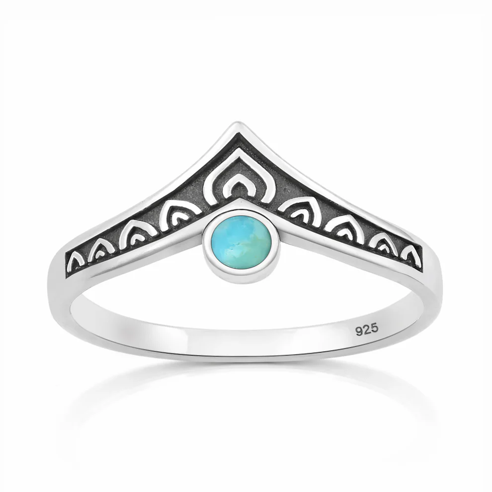 Sterling Silver Oxidized And Polished V Shaped Turquoise Stone Ring