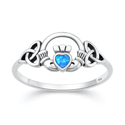 Sterling Silver Oxidized And Polished Claddagh Blue Lab Opal Ring