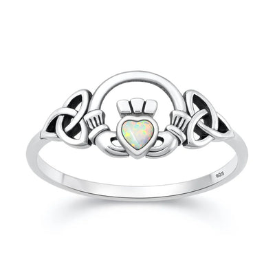 Sterling Silver Oxidized And Polished Claddagh White Lab Opal Ring