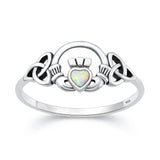 Sterling Silver Oxidized And Polished Claddagh White Lab Opal Ring