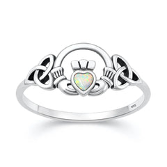 Sterling Silver Oxidized And Polished Claddagh White Lab Opal Ring