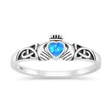 Load image into Gallery viewer, Sterling Silver Oxidized And Polished Blue Lab Opal Claddagh Ring