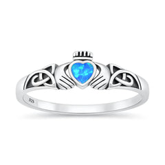 Sterling Silver Oxidized And Polished Blue Lab Opal Claddagh Ring