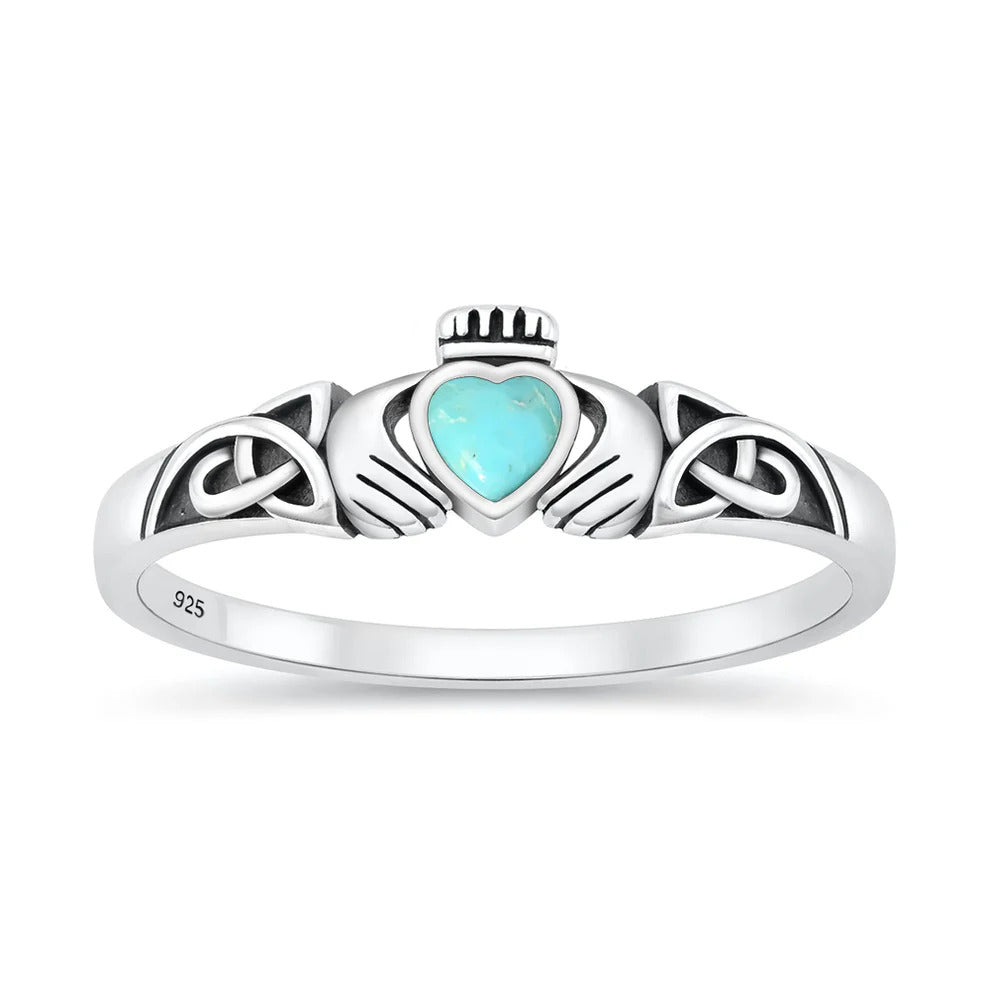 Sterling Silver Oxidized And Polished 6mm Claddagh Turquoise Stone Ring