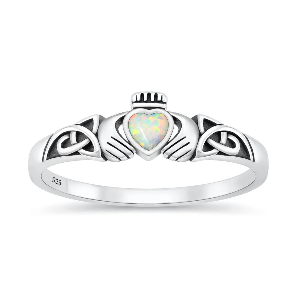 Sterling Silver Oxidized And Polished White Lab Opal Claddagh Ring