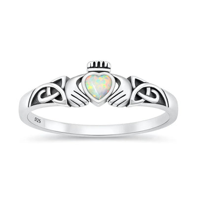Sterling Silver Oxidized And Polished White Lab Opal Claddagh Ring