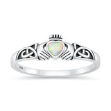 Sterling Silver Oxidized And Polished White Lab Opal Claddagh Ring