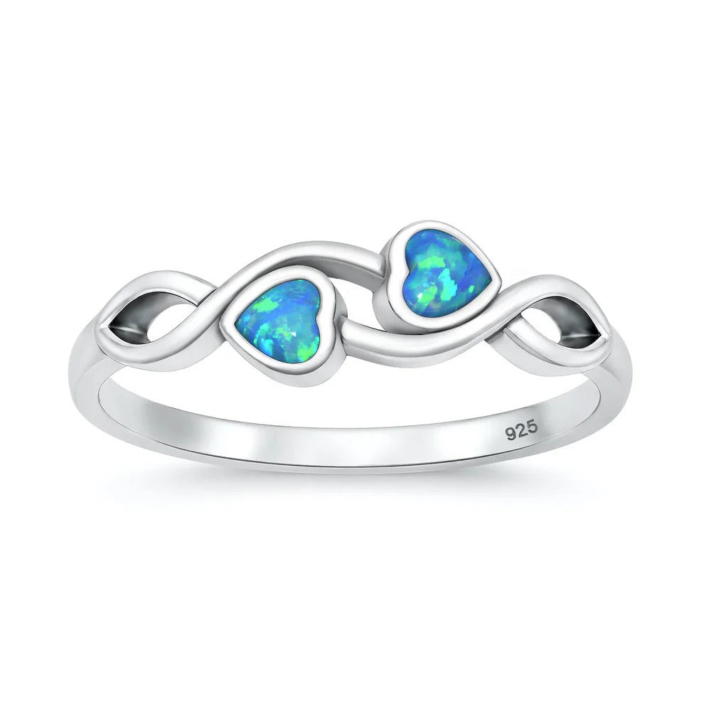 Sterling Silver Oxidized And Polished Hearts Blue Lab Opal Ring