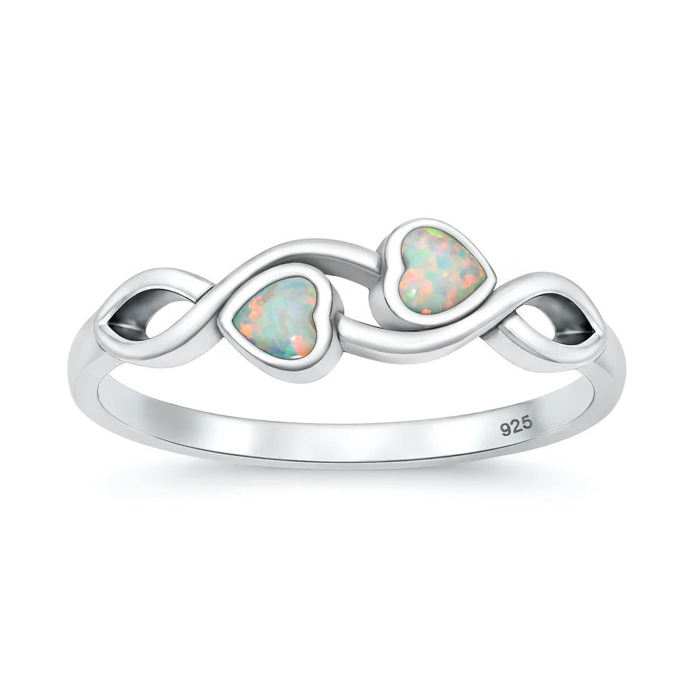 Sterling Silver Oxidized And Polished Hearts White Lab Opal Ring