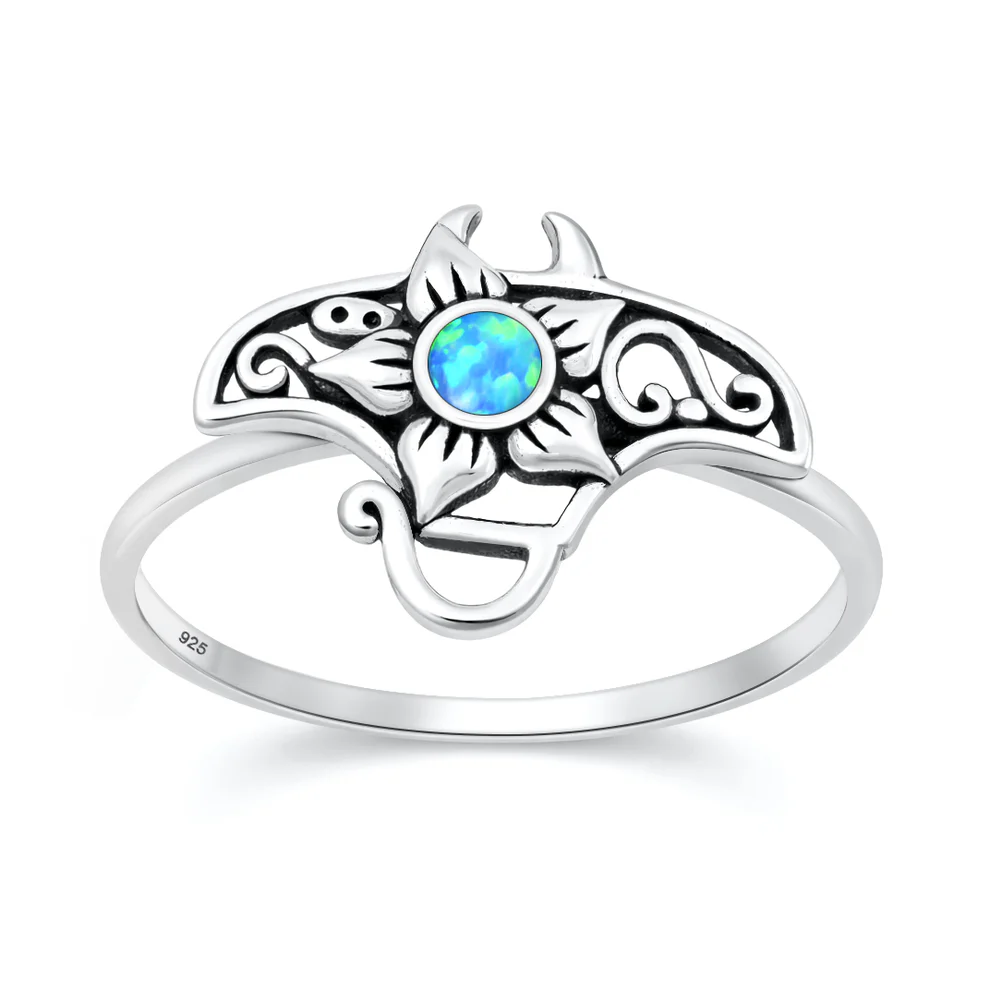 Sterling Silver Oxidized And Polished Manta Ray And Flower Blue Lab Opal Ring